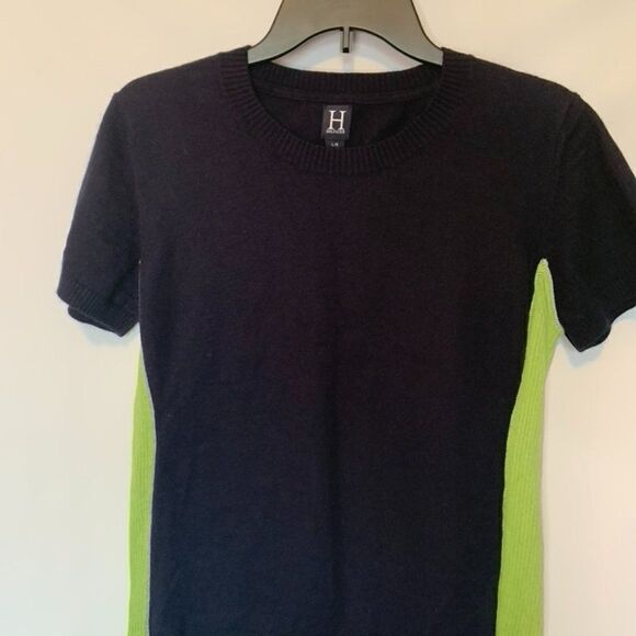 Vintage H Hilfiger Angora Navy and Lime Short Sleeve Sweater - Picture 1 of 6